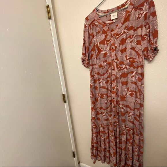 Knox Rose long maxi boho button front tassel tropical red short sleeve dress M - Picture 3 of 12